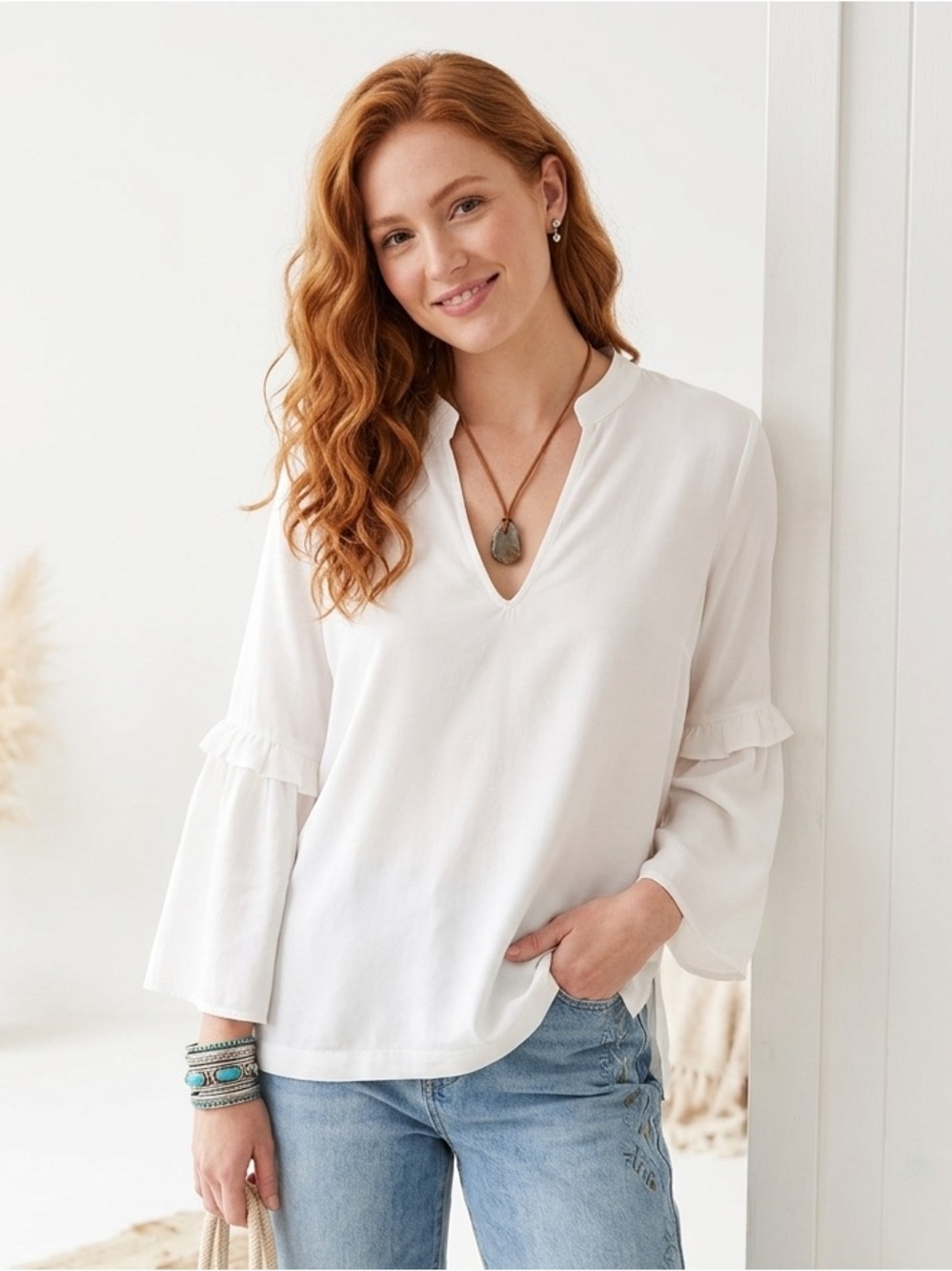 Reformation Maven - White 100% Tencel Boho Blouse Top Tee Bell Sleeves-Size XS/S